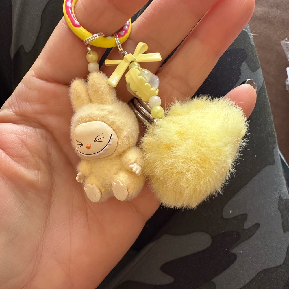 Yellow Mini Labubu Fluffy Keychain with Pom Pom